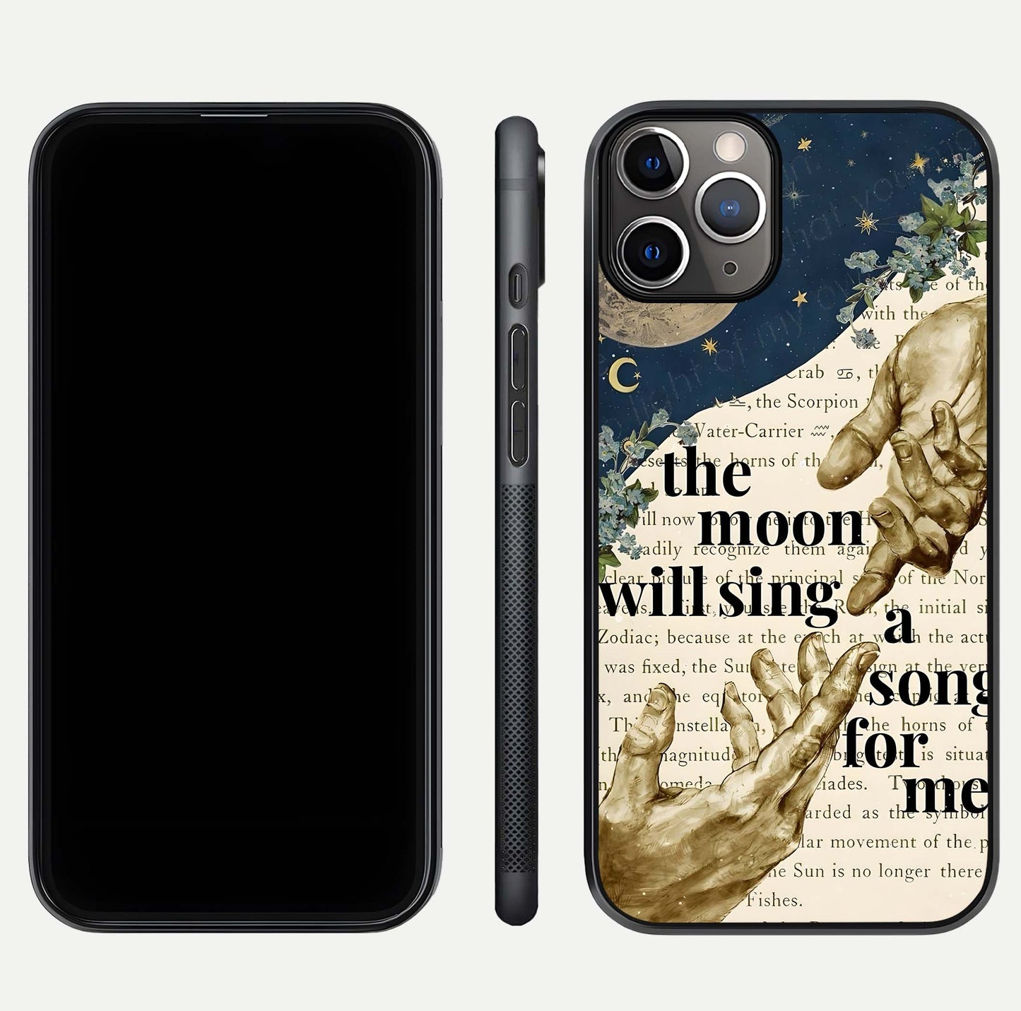 Aesthetic Divine Glass Case for iPhone 16 Pro close-up angled shot showing detailed divine artwork and gloss reflection