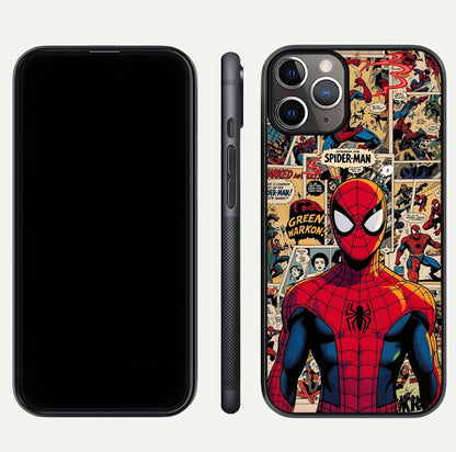 Aesthetic Spider Man Glass Case for iPhone 16 Pro close-up angled shot showing detailed Spider-Man artwork and gloss reflection