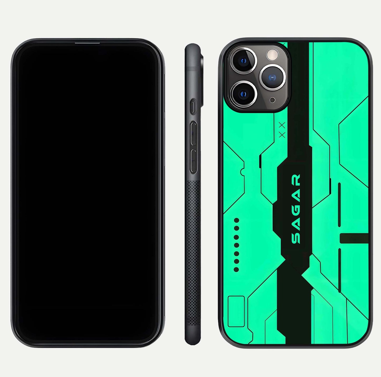 Aqua Tech CYBERPUNK Custom Name Glass Case for iPhone 16 Pro close-up angle showing futuristic blue lights and reflections