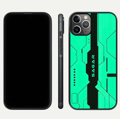 Aqua Tech CYBERPUNK Custom Name Glass Case for iPhone 16 Pro close-up angle showing futuristic blue lights and reflections