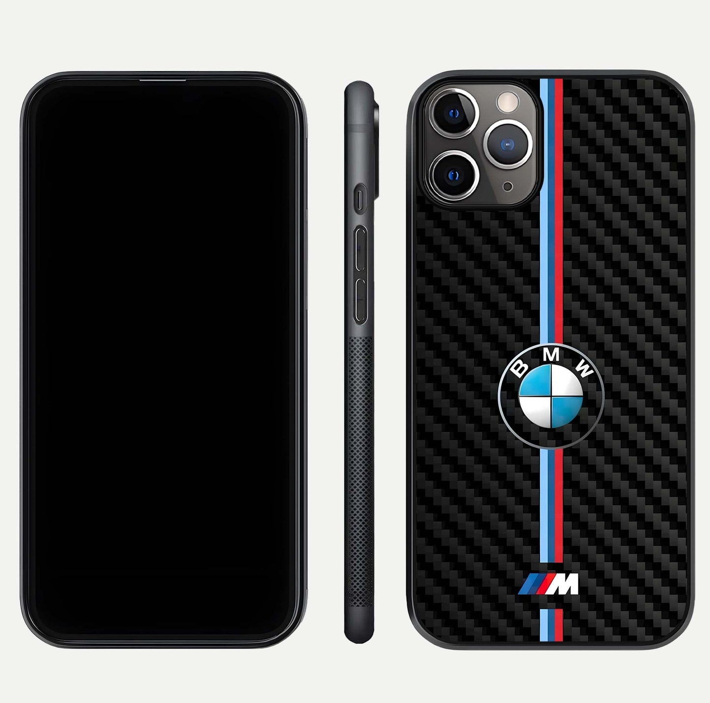 BMW Pattern Glass Case for iPhone 11 Pro Max close-up angle showing BMW logo detailing and high-reflect gloss texture