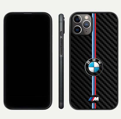 BMW Pattern Glass Case for iPhone 11 Pro Max close-up angle showing BMW logo detailing and high-reflect gloss texture