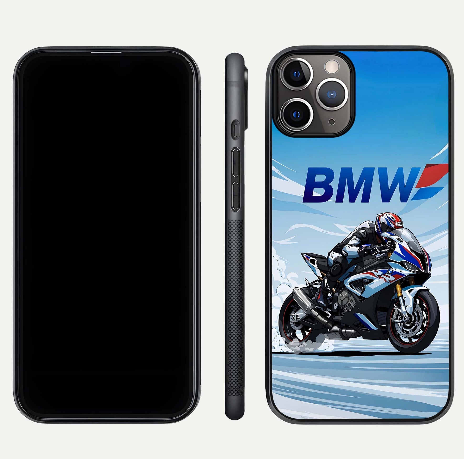 BMW Power Drift Glass Case for iPhone 11 Pro Max close-up view highlighting motion streaks and gloss shine