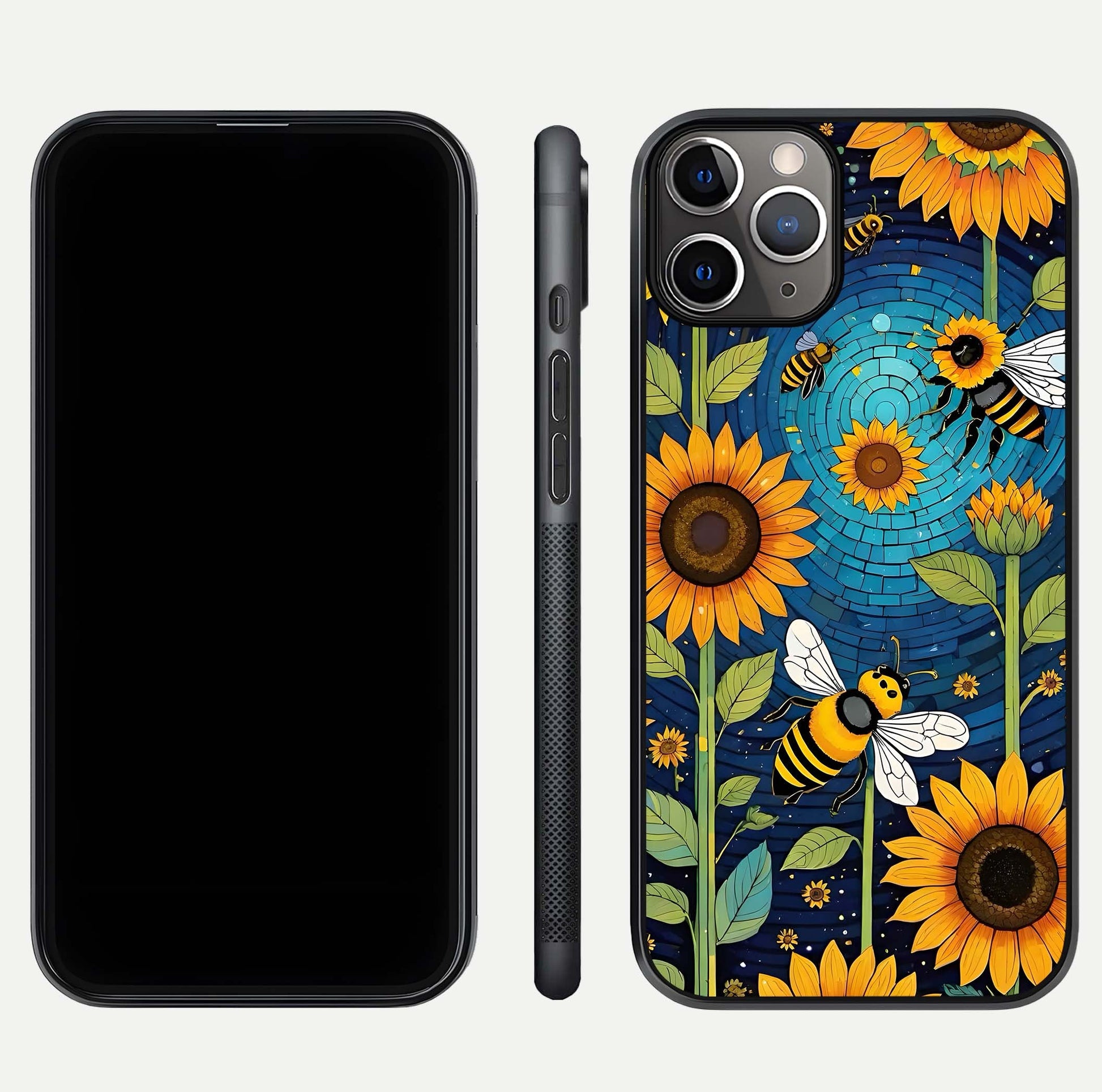 Bees & Sunflowers Glass Case for iPhone 11 Pro Max close-up angled shot showing detailed petals, bee prints, and glass reflection