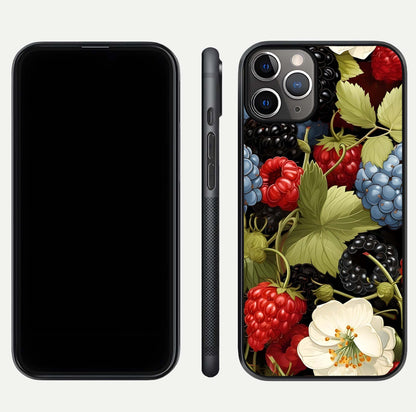 Berry Bloom Charm Glass Case for iPhone 11 Pro Max close-up view highlighting berry color tones and fine petal detailing