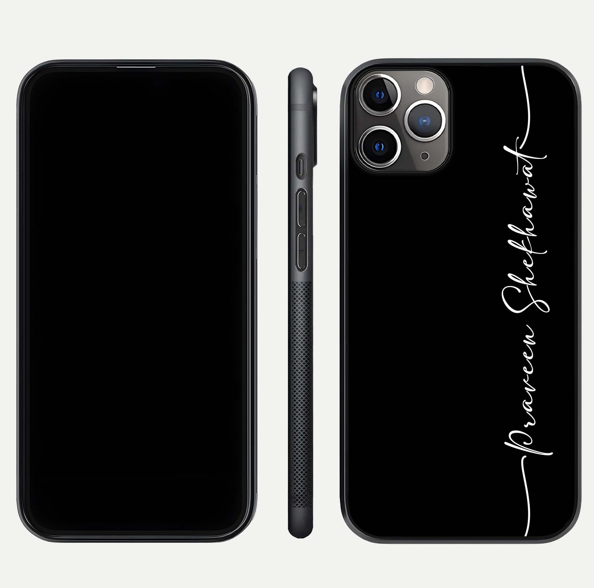 Black Tune Custom Name Glass Case for iPhone 16 Pro close-up shot highlighting sleek monochrome design and reflection