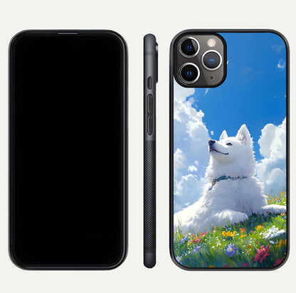 Blissful Cloud Pup Glass Case for iPhone 11 Pro Max close-up image highlighting puppy details and glossy reflection