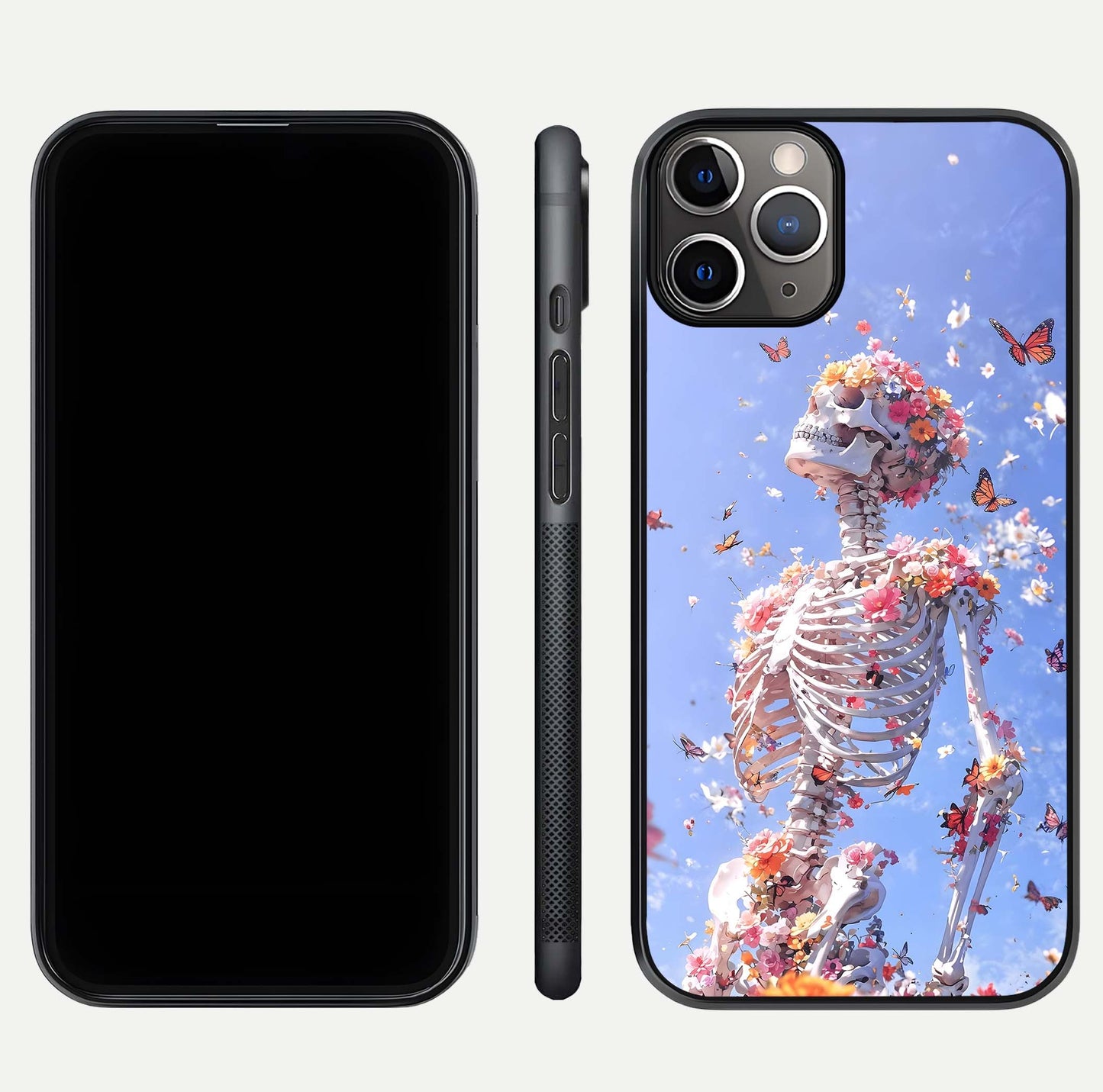 Bloom Beyond Bones Glass Case for iPhone 11 Pro Max close-up highlighting unique bone-floral fusion art and reflection