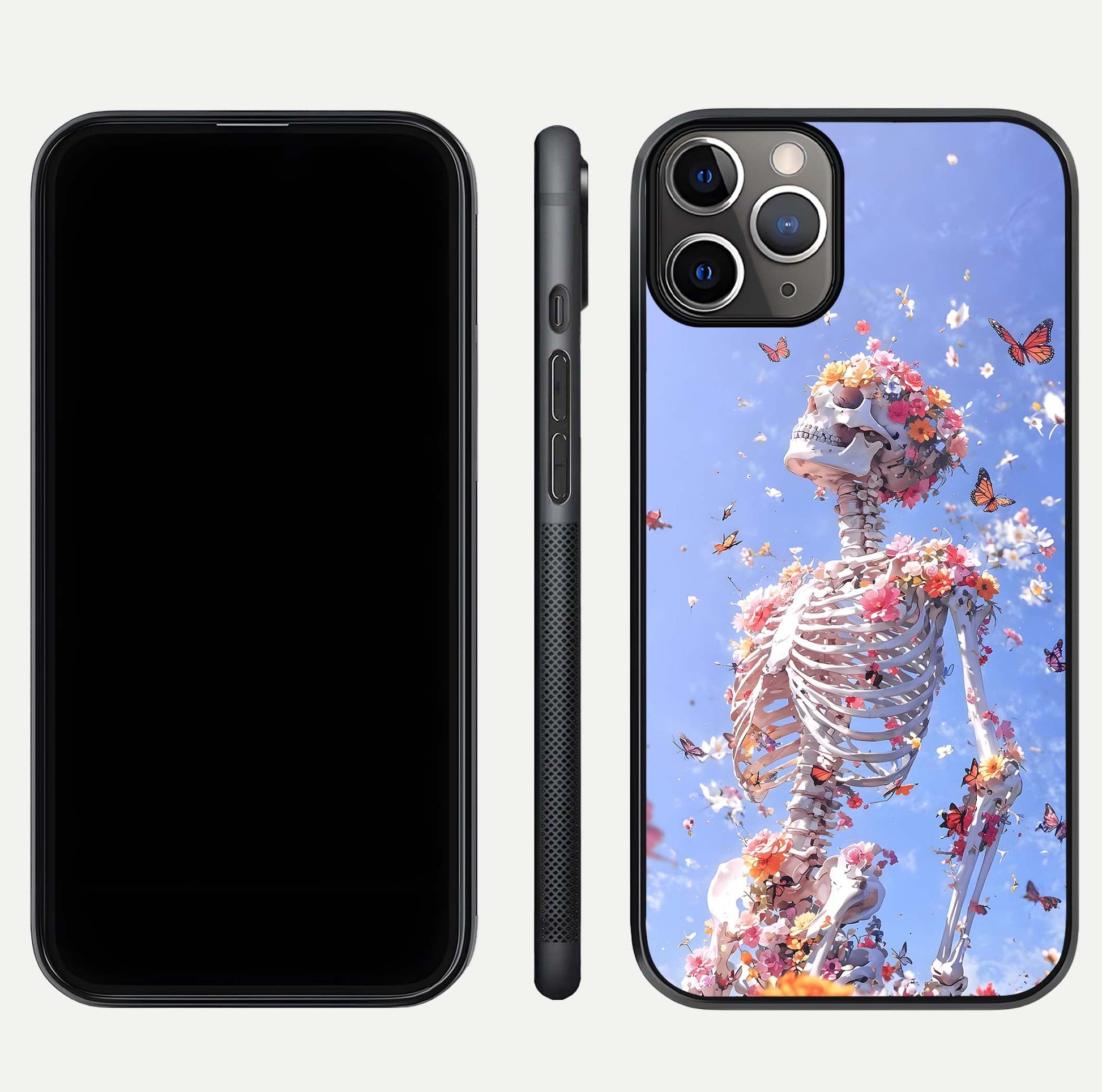 Bloom Beyond Bones Glass Case for iPhone 11 Pro Max close-up highlighting unique bone-floral fusion art and reflection