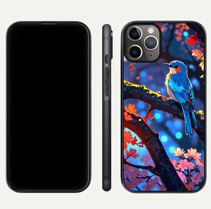 Blooming Spendor Bird Glass Case for iPhone 11 Pro Max close-up shot highlighting bird design details and glossy shine