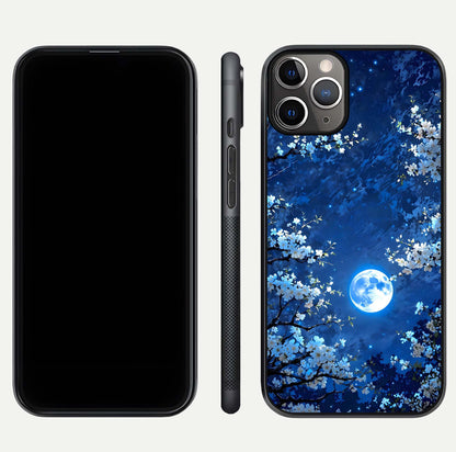 Blossom Moonlight Sky Glass Case for iPhone 11 Pro Max close-up angle capturing moon glow and flower detail reflections