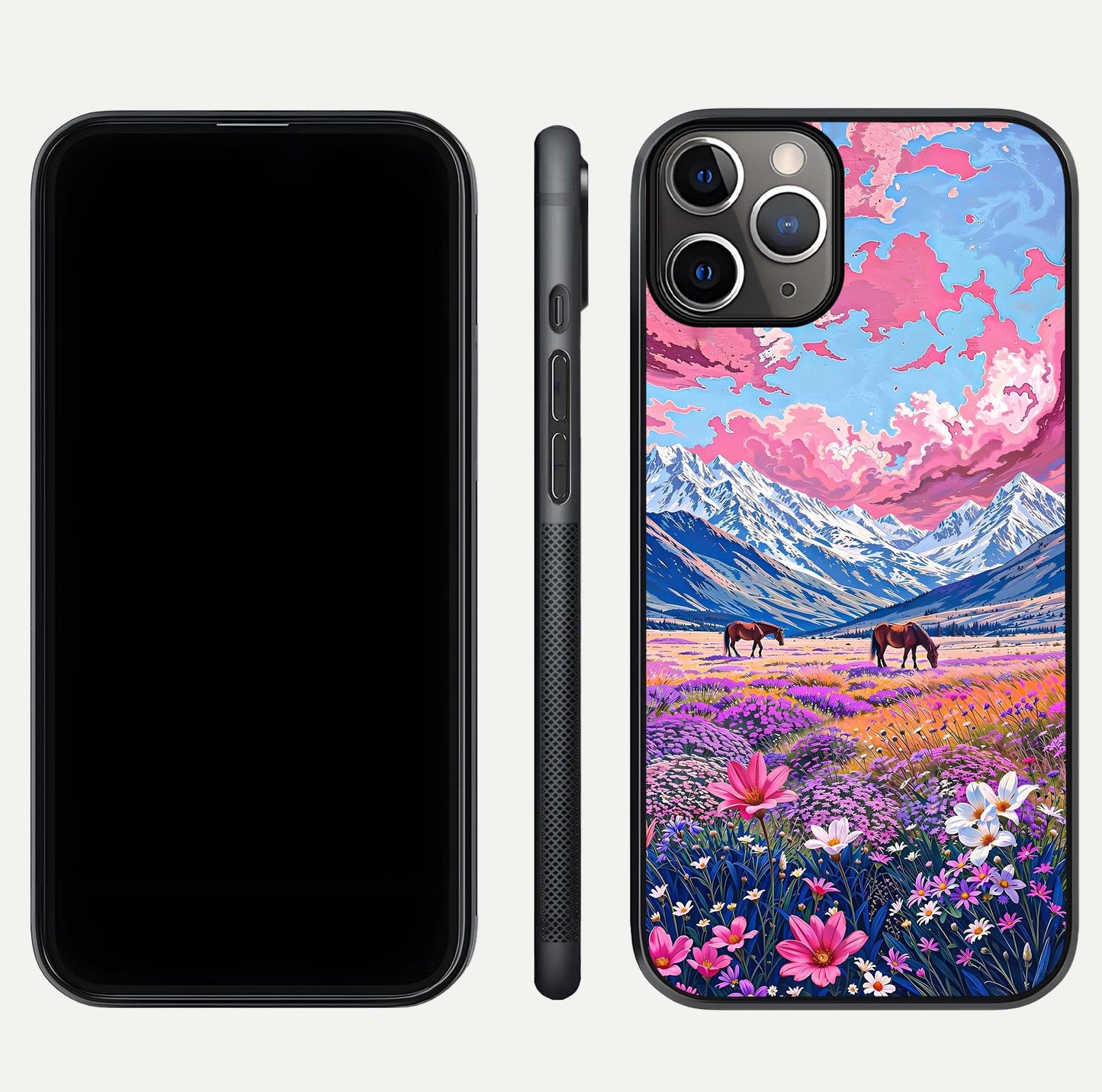 Blossom Valley Dream Glass Case for iPhone 11 Pro Max close-up view showing detailed flower print and pastel hues