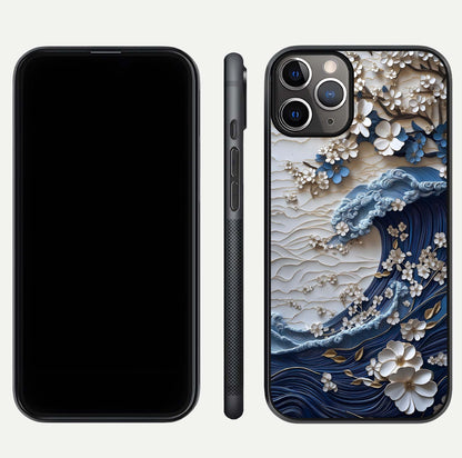 Blossom Wave Art Glass Case for iPhone 11 Pro Max close-up shot highlighting wave motion in floral art and reflection