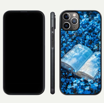 Blue Bloom Tales Glass Case for iPhone 11 Pro Max close-up angle showing petal texture and blue tone reflection