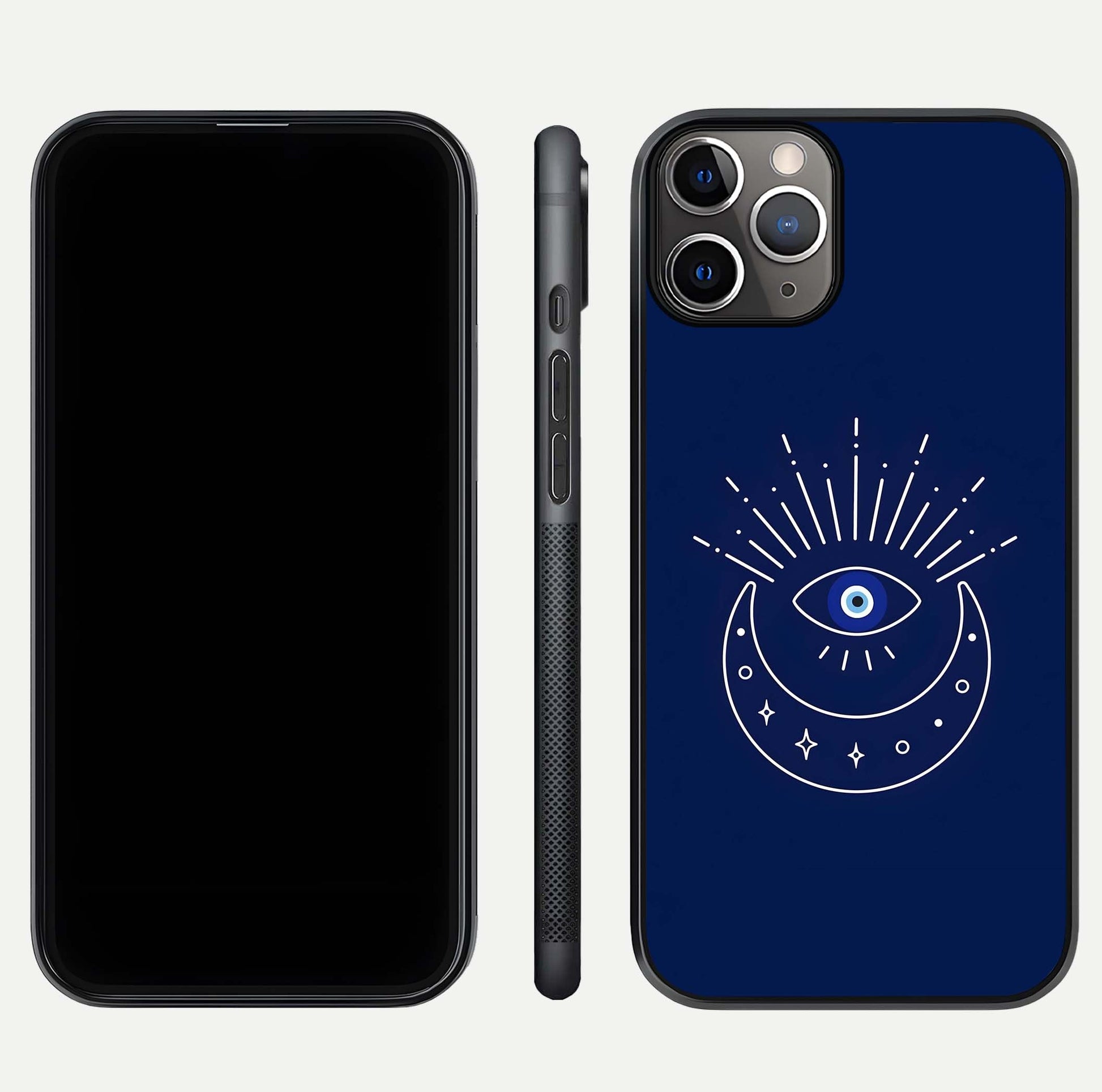 Blue Evil Eye Glass Case for iPhone 11 Pro Max close-up shot highlighting eye motif, protection symbol, and glass shine
