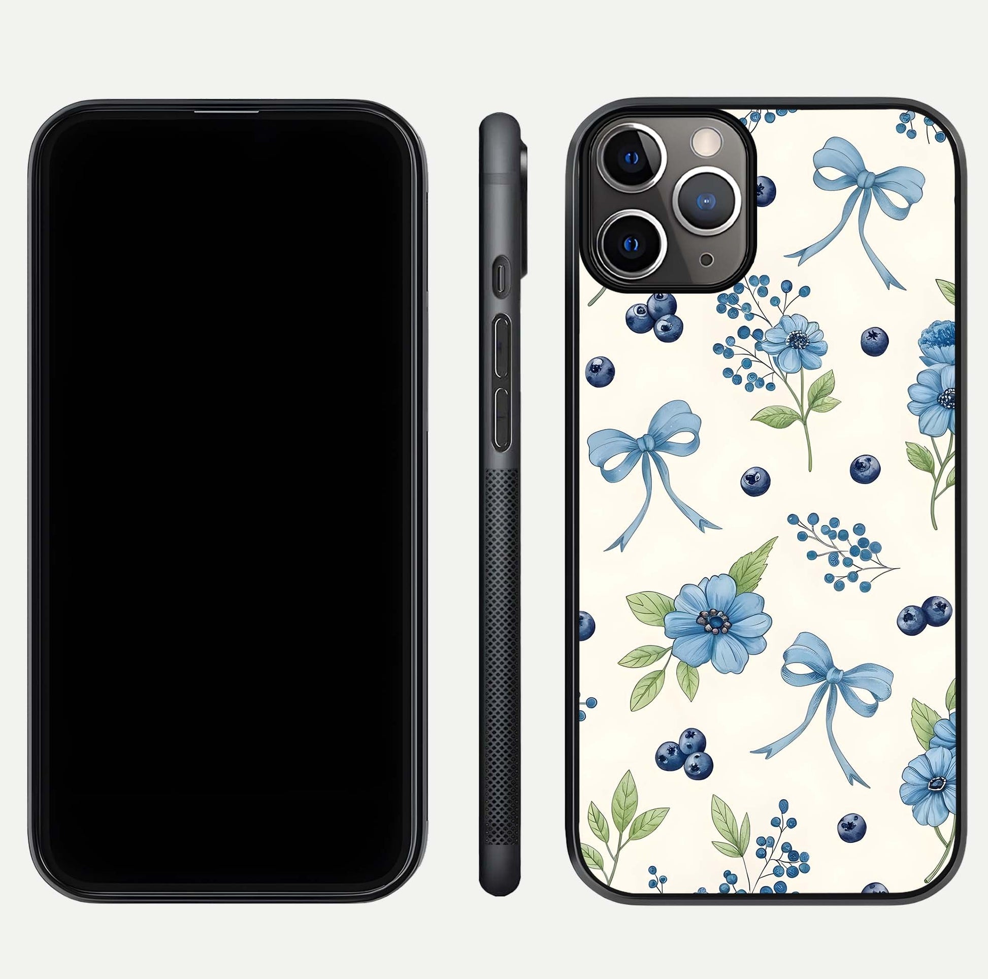 Blue Flower & Bow Glass Case for iPhone 11 Pro Max close-up shot highlighting ribbon detail and flower gloss finish