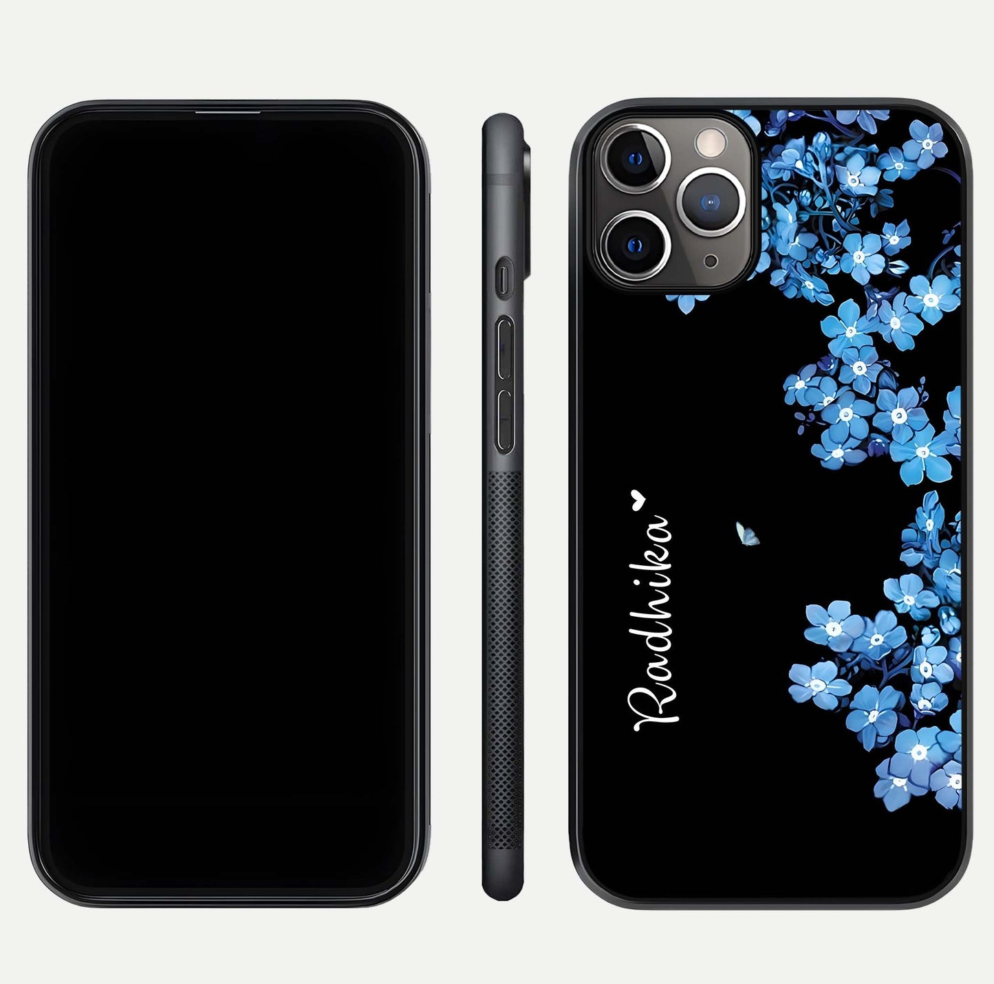 Blue Petal Dream Custom Name Glass Case for iPhone 11 Pro Max close-up highlighting petal texture and gloss reflection