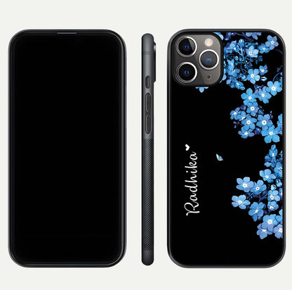Blue Petal Dream Custom Name Glass Case for iPhone 11 Pro Max close-up highlighting petal texture and gloss reflection