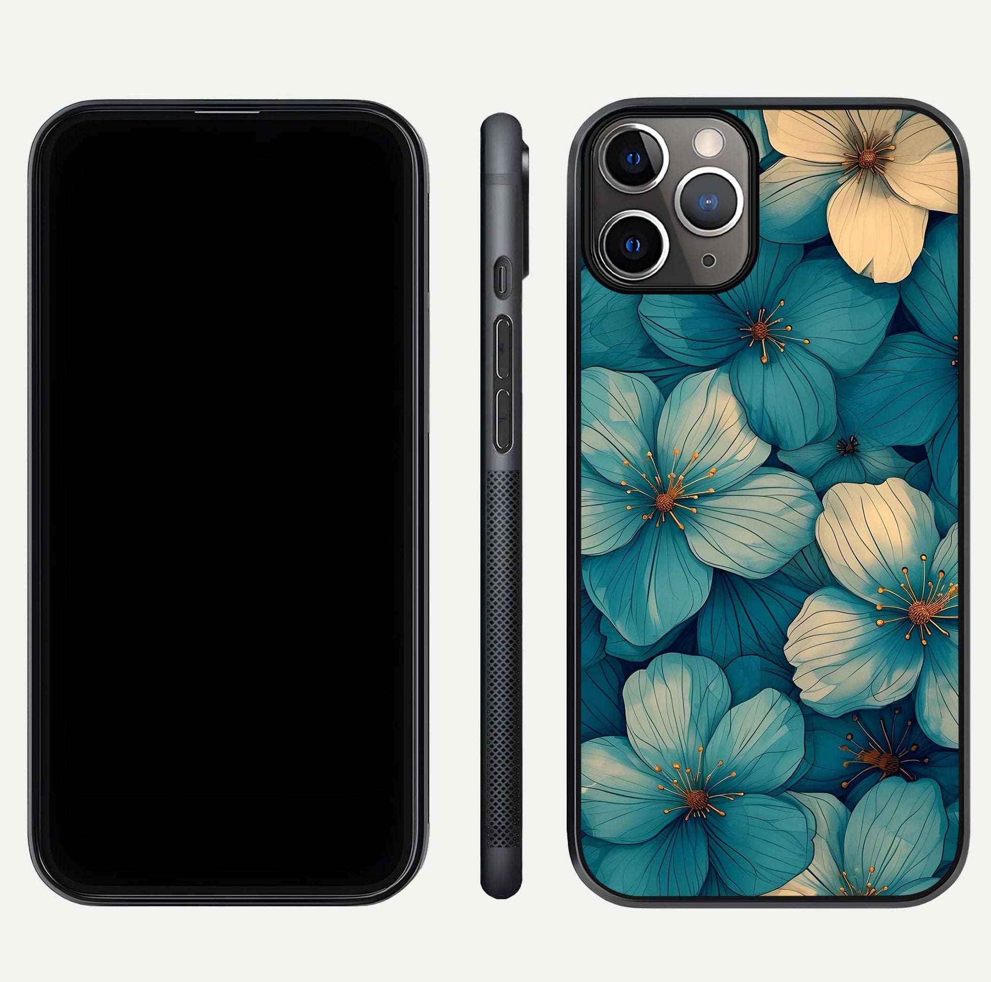 Blue Shade Floral Glass Case for iPhone 11 Pro Max close-up angle showing flower print precision and reflection