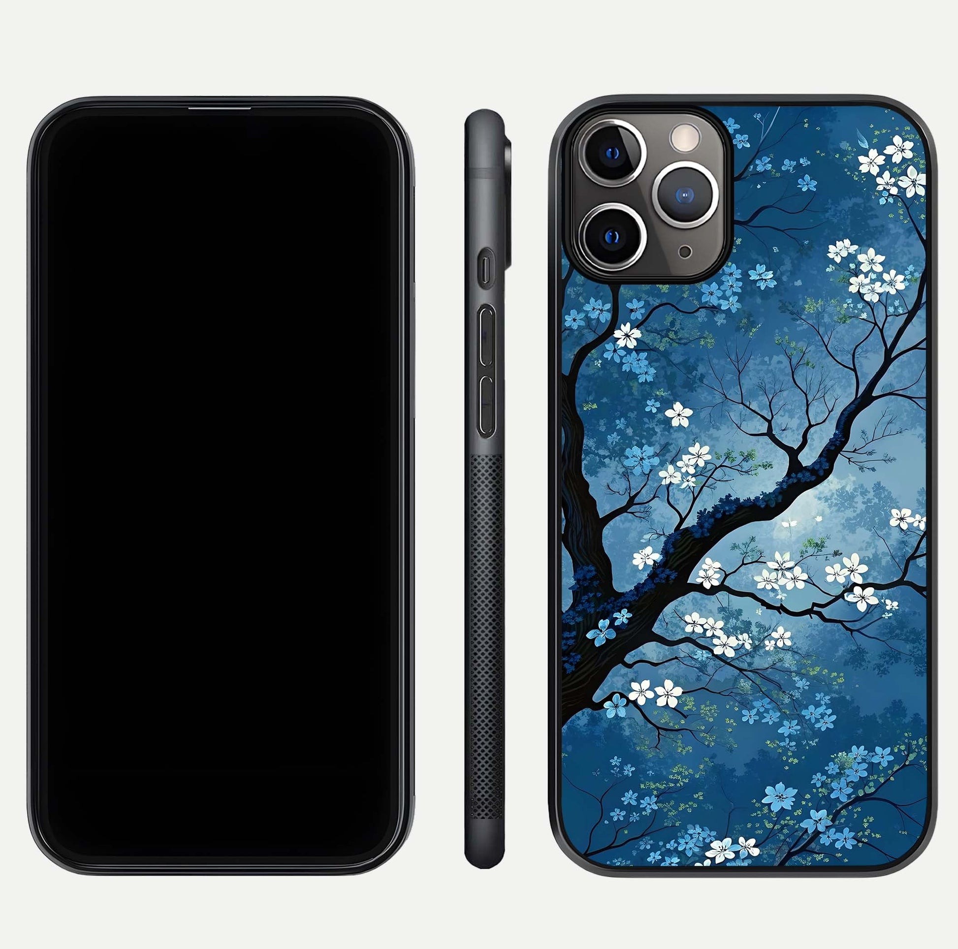 Blue Tree Serenity Glass Case for iPhone 11 Pro Max close-up view highlighting tree branches and reflection gloss