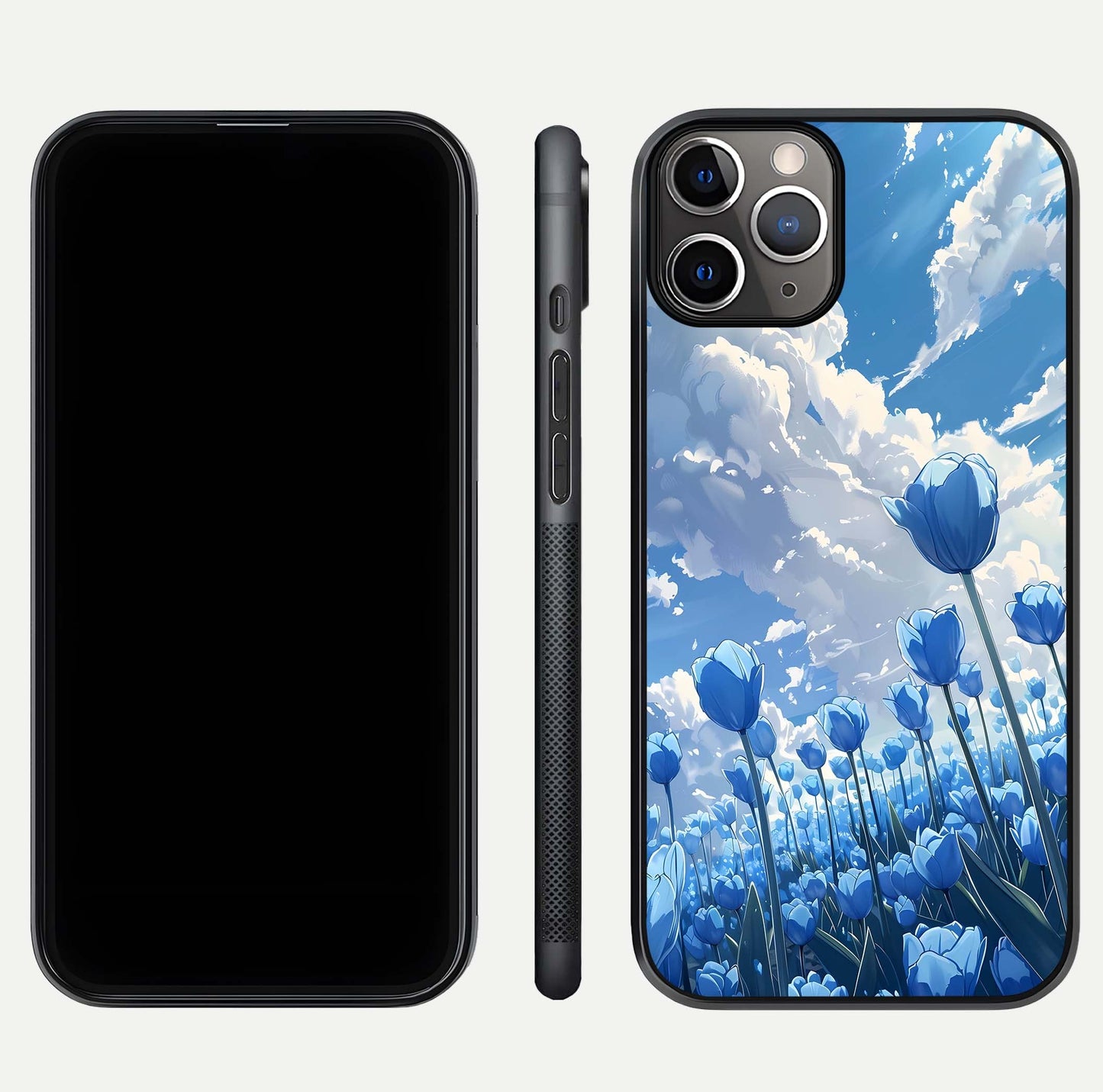 Blue Tulip Clouds Glass Case for iPhone 11 Pro Max close-up image highlighting tulip petals, clouds, and reflection texture