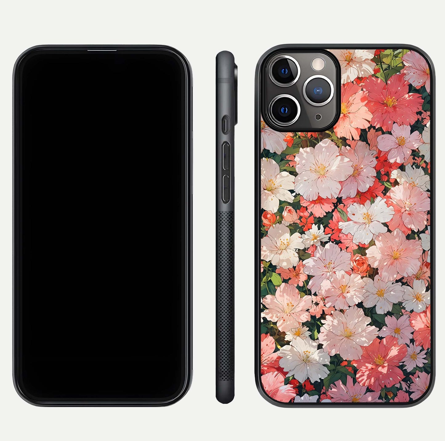Blush Bloom Field Glass Case for iPhone 11 Pro Max close-up shot capturing pastel flower field tones and gloss shine