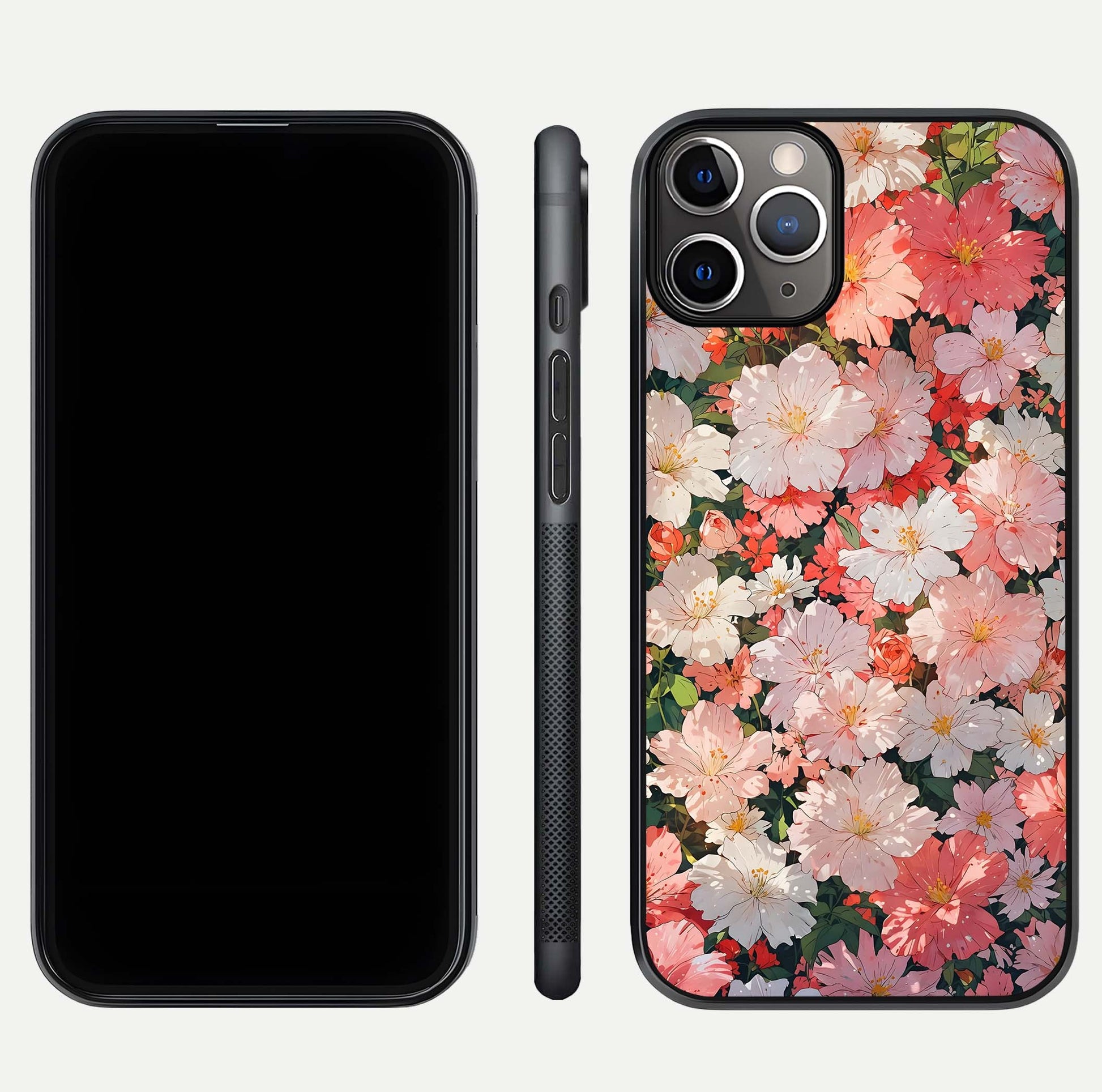 Blush Bloom Field Glass Case for iPhone 11 Pro Max close-up shot capturing pastel flower field tones and gloss shine