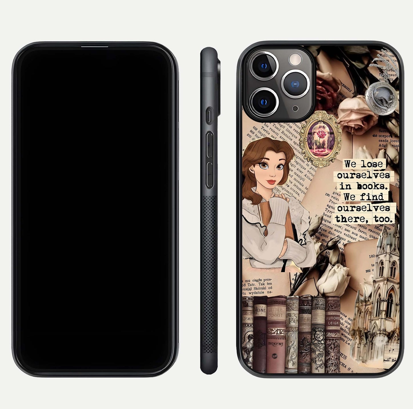 Bookish Dream World Glass Case for iPhone 11 Pro Max close-up shot highlighting book elements and reflection gloss
