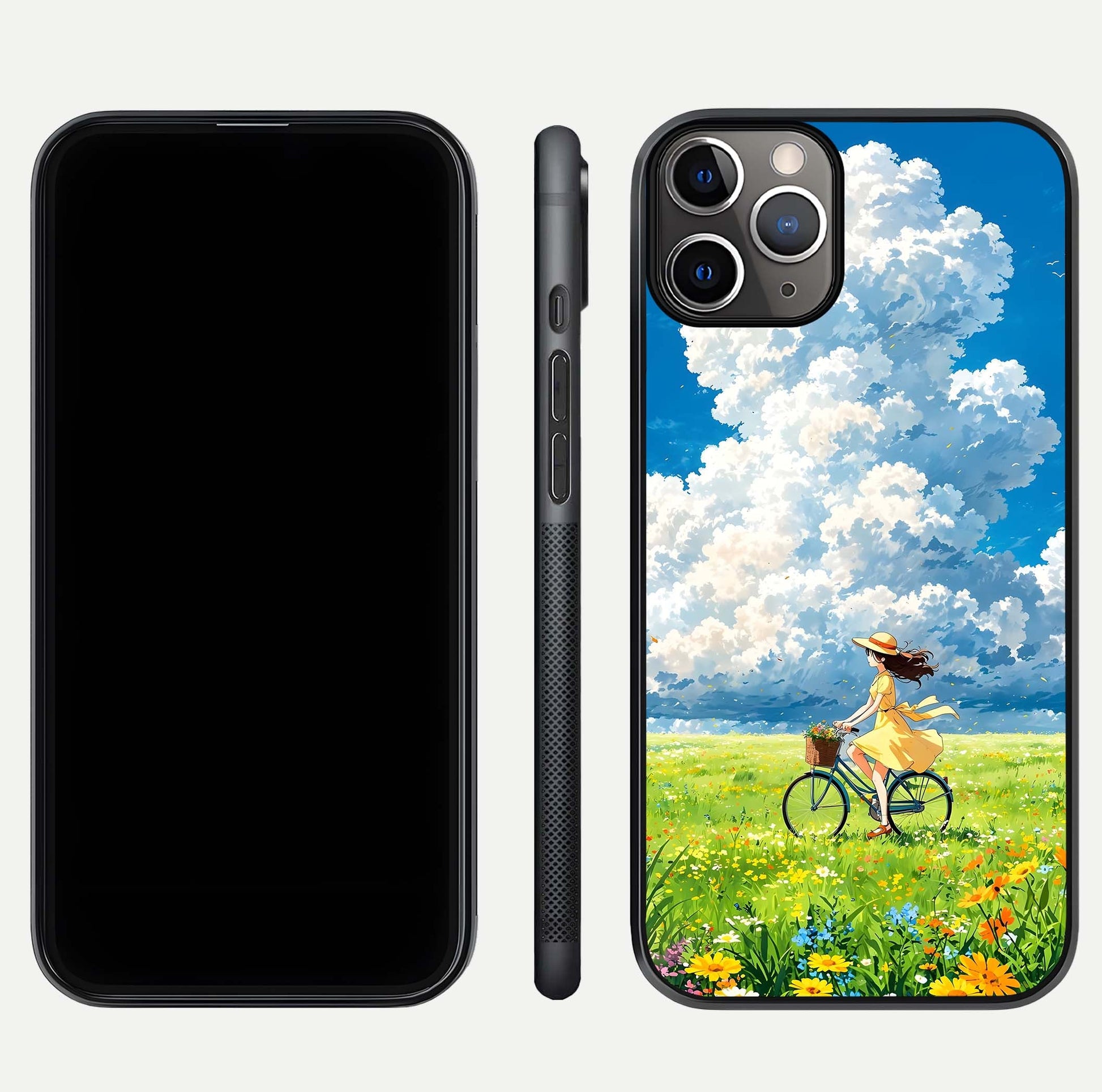 Breezy Meadow Ride Glass Case for iPhone 11 Pro Max close-up shot showing flowers and breezy motion texture