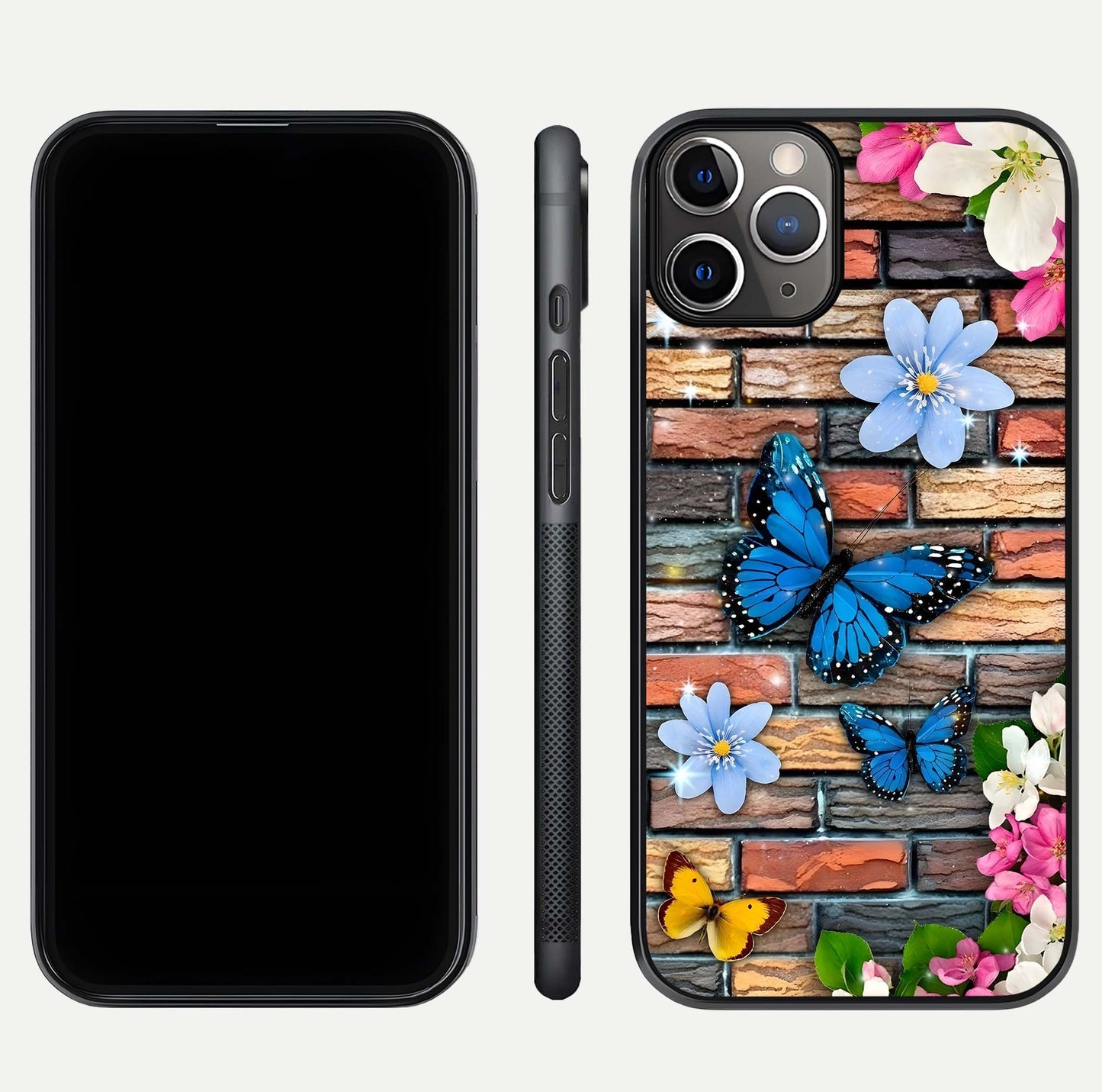 Brick Bloom Flight Glass Case for iPhone 11 Pro Max close-up angle highlighting flower clusters and reflection detail