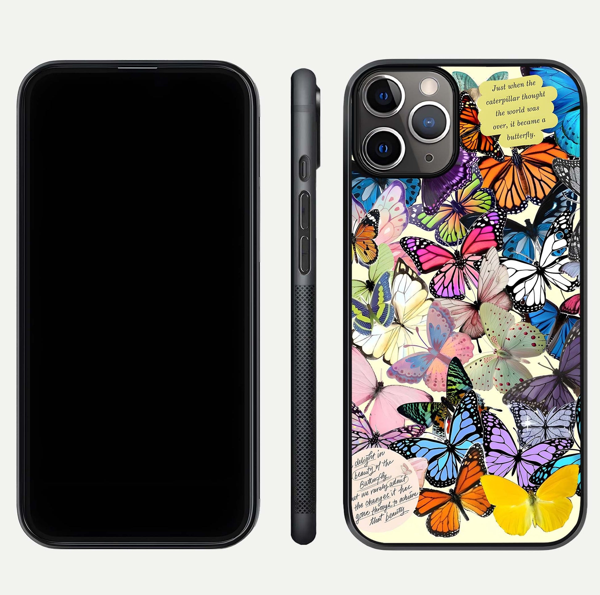 Butterflies Petal Dream Glass Case for iPhone 11 Pro Max close-up highlighting butterfly wings and pink petal gloss