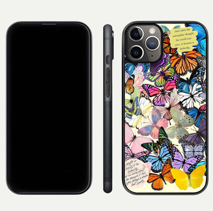 Butterflies Petal Dream Glass Case for iPhone 11 Pro Max close-up highlighting butterfly wings and pink petal gloss