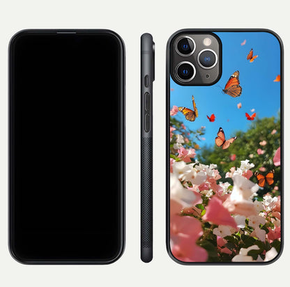 Butterflies in Bloom Sky Glass Case for iPhone 11 Pro Max close-up shot showing wings, petal reflections, and soft hues