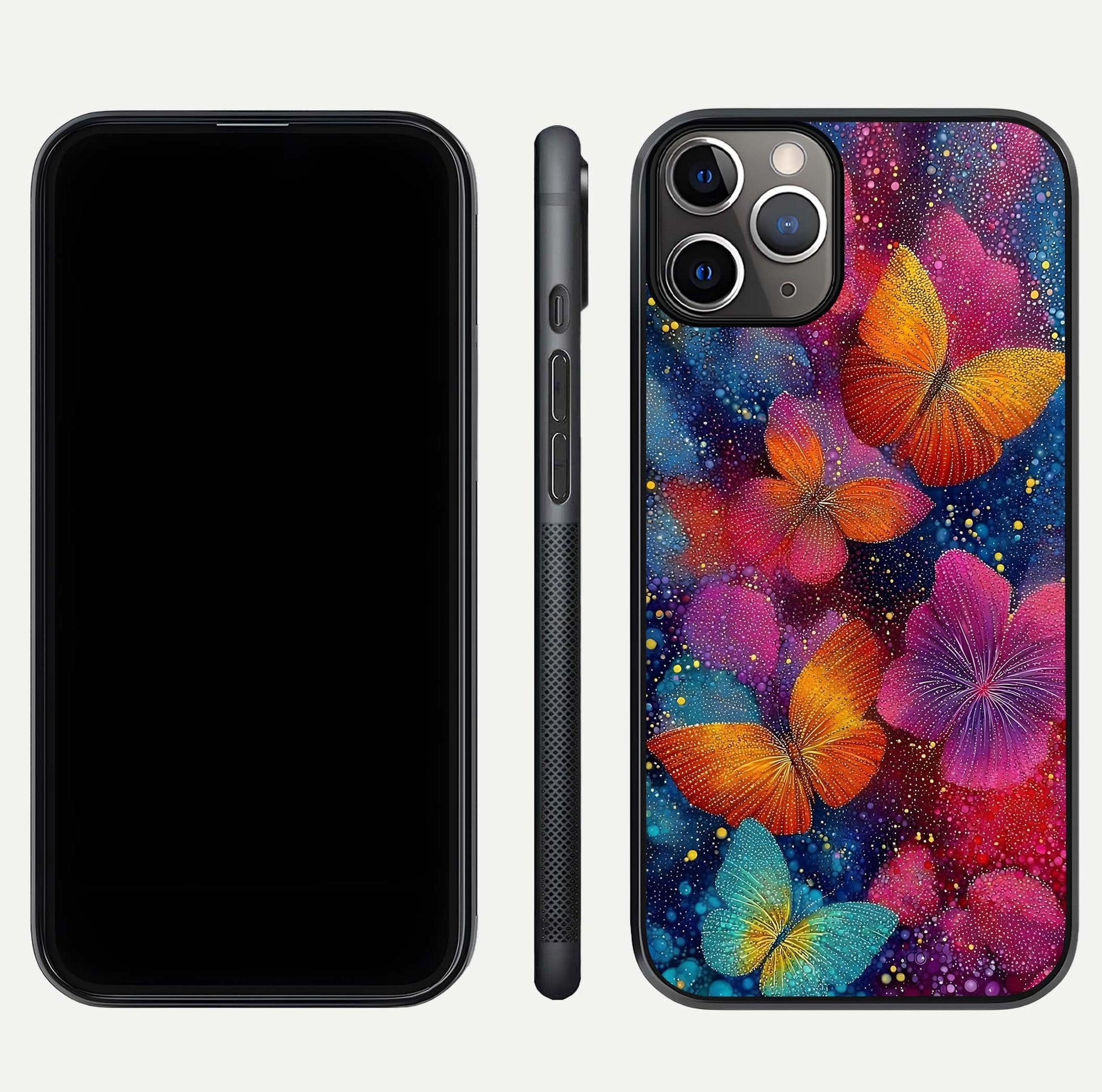 Butterfly Dream Mist Glass Case for iPhone 11 Pro Max close-up capturing wing pattern detail and glossy finish texture