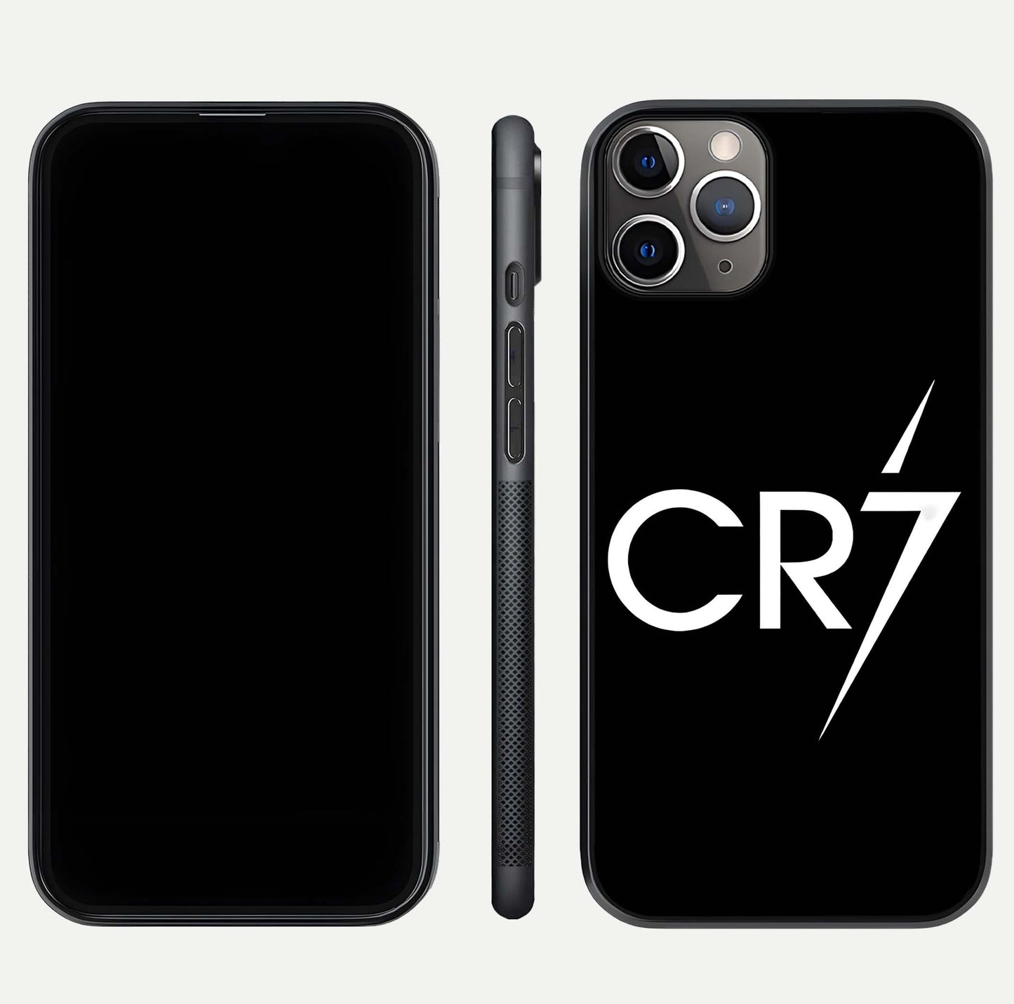CR7 Elite Strike Glass Case for iPhone 11 Pro Max close-up highlighting CR7 artwork and shine reflection