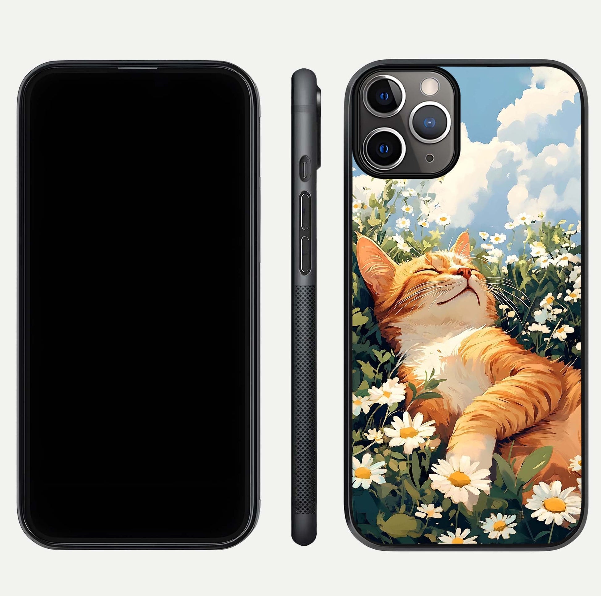 Cat & Flowers View Glass Case for iPhone 11 Pro Max close-up view highlighting cat expression and petal detail