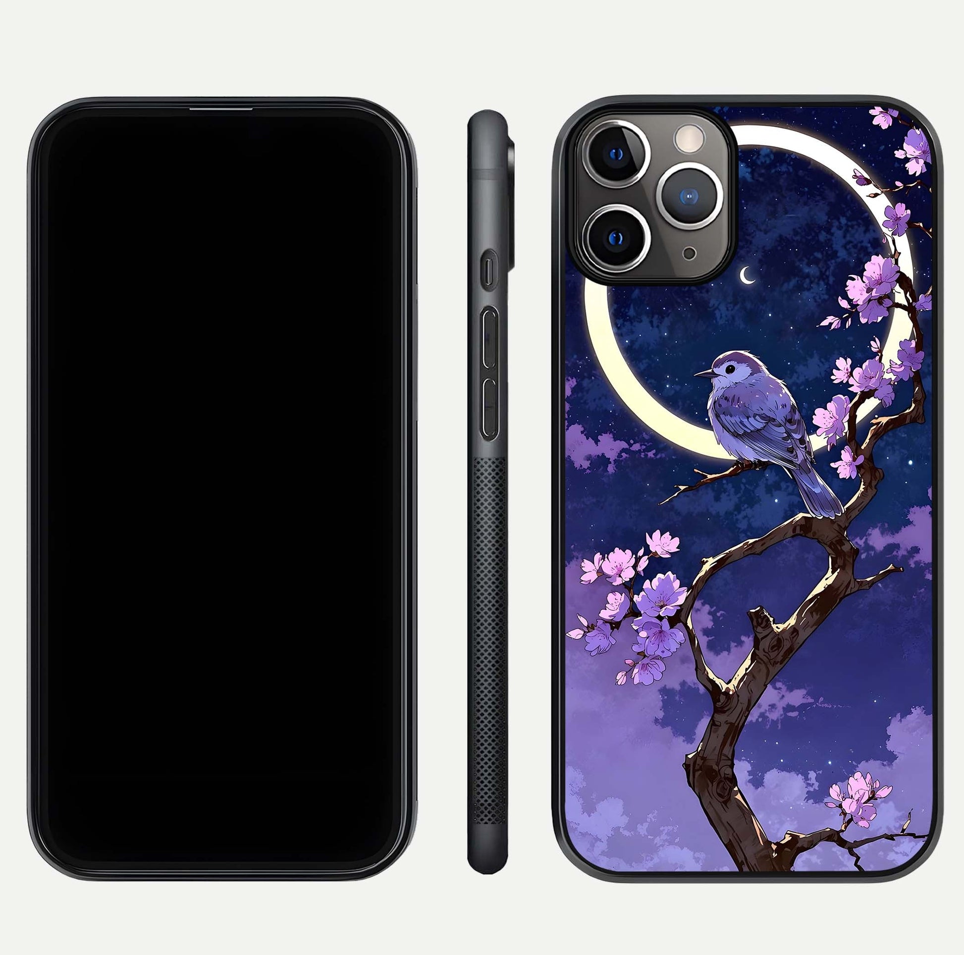 Celestial Bird Blossom Glass Case for iPhone 11 Pro Max close-up capturing bird detail, petal reflection, and gloss shine