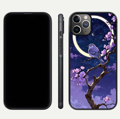 Celestial Bird Blossom Glass Case for iPhone 11 Pro Max close-up capturing bird detail, petal reflection, and gloss shine