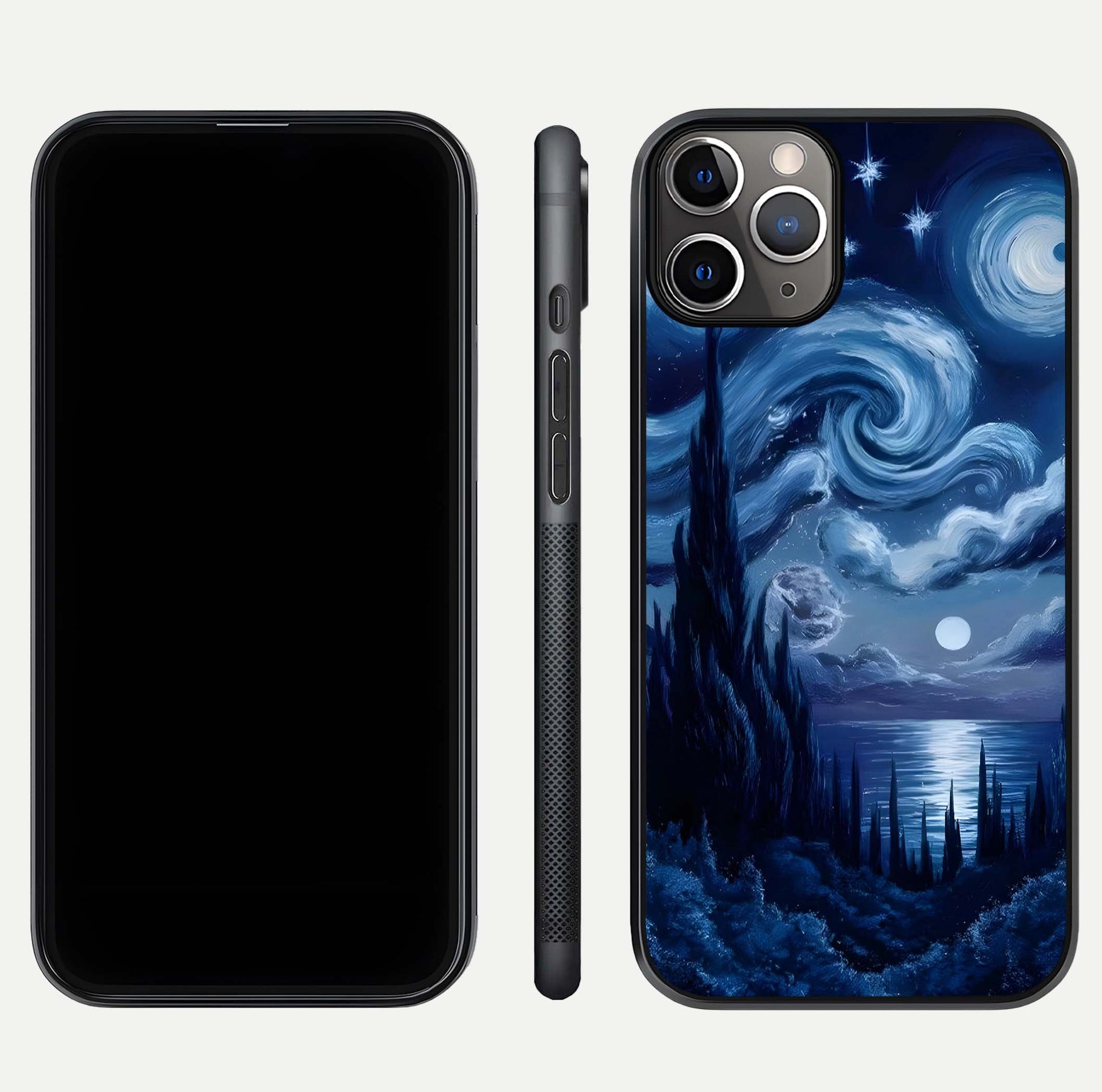 Celestial Dream Van Gogh Glass Case for iPhone 11 Pro Max close-up view capturing vivid brush details and star reflection