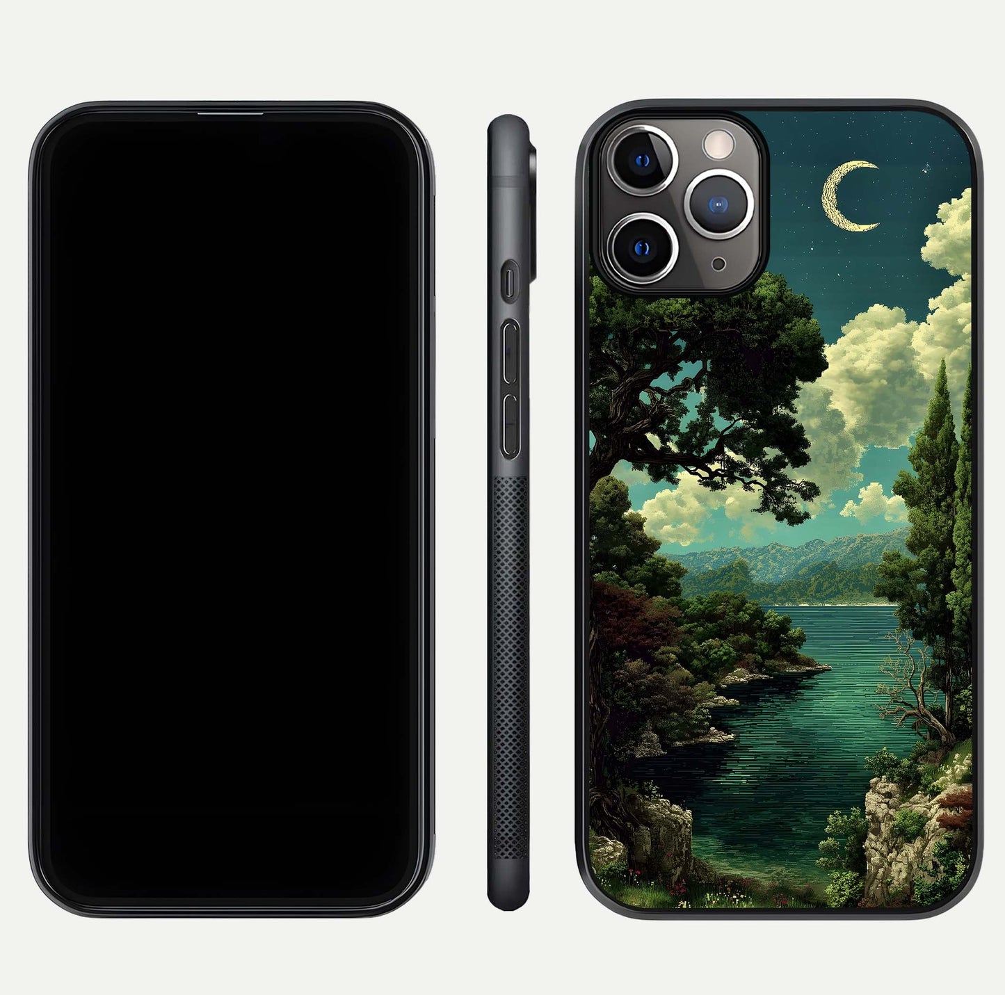 Celestial Lake Peace Glass Case for iPhone 11 Pro Max close-up highlighting moon reflection and glossy texture