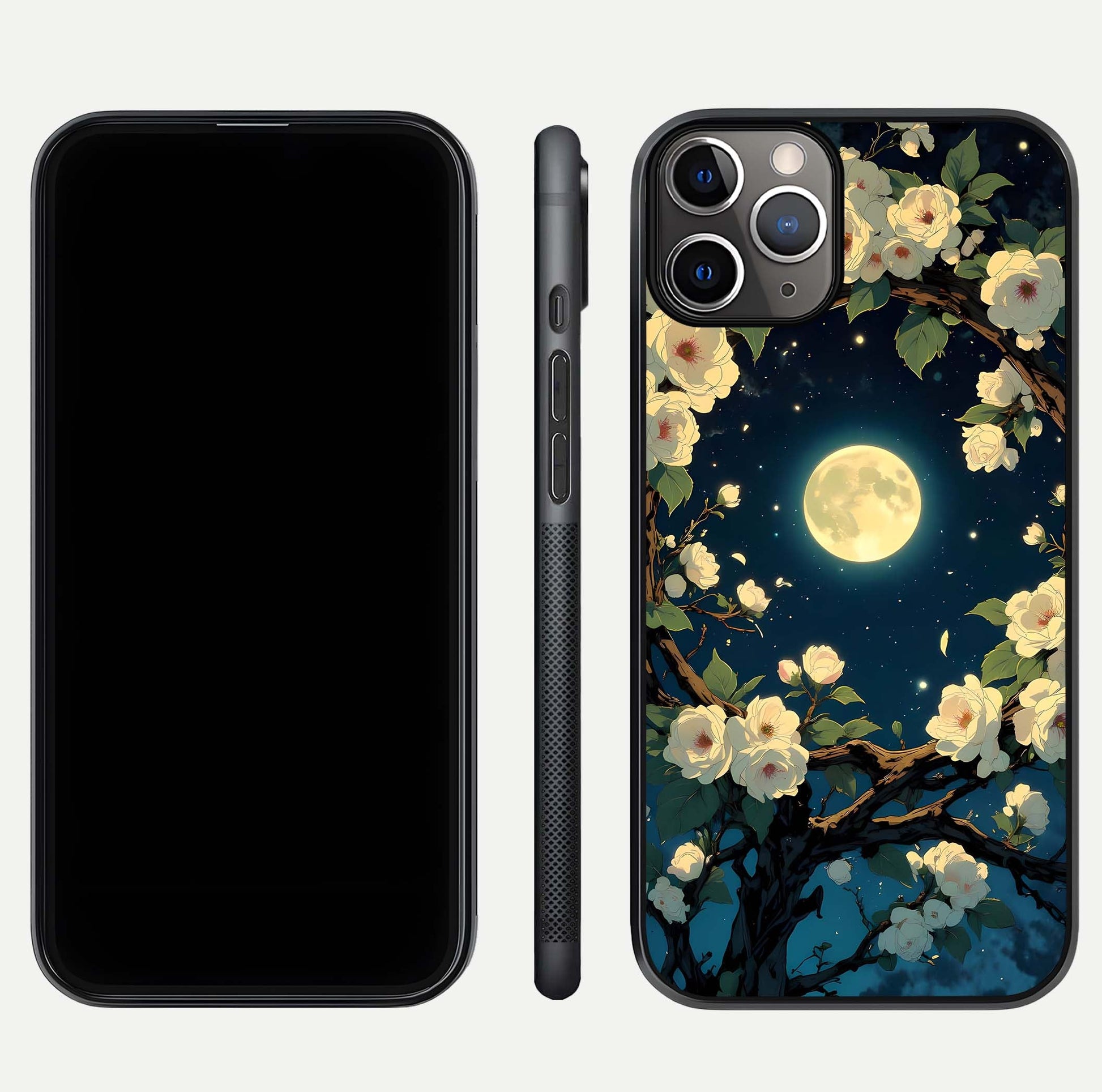 Celestial Moon & Flower Glass Case for iPhone 11 Pro Max close-up capturing petal reflection and moonlight contrast