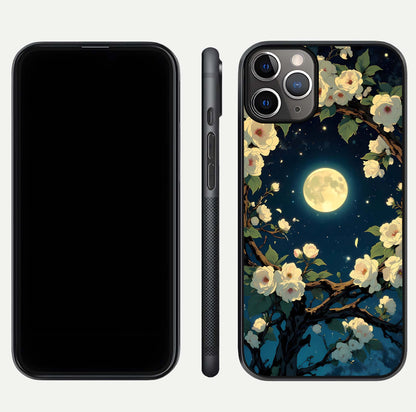 Celestial Moon & Flower Glass Case for iPhone 11 Pro Max close-up capturing petal reflection and moonlight contrast