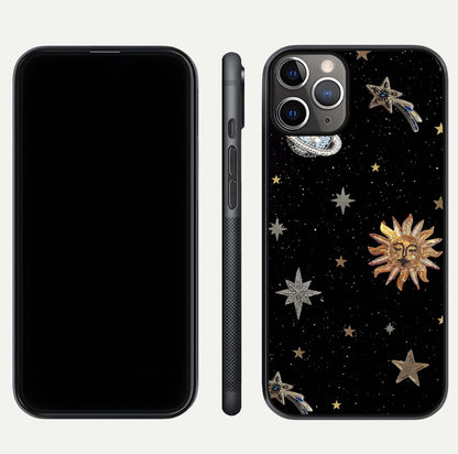 Celestial Moon With Stars Glass Case for iPhone 11 Pro Max close-up showing cosmic reflection and HD shine