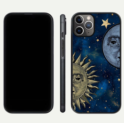 Celestial Moon With Sun Glass Case for iPhone 11 Pro Max close-up highlighting fine celestial detail and polish reflection