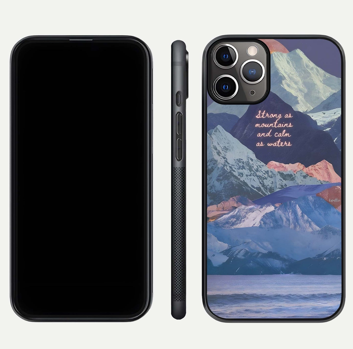 Celestial Mountain Calm Glass Case for iPhone 11 Pro Max close-up showing peak reflection and HD gloss texture