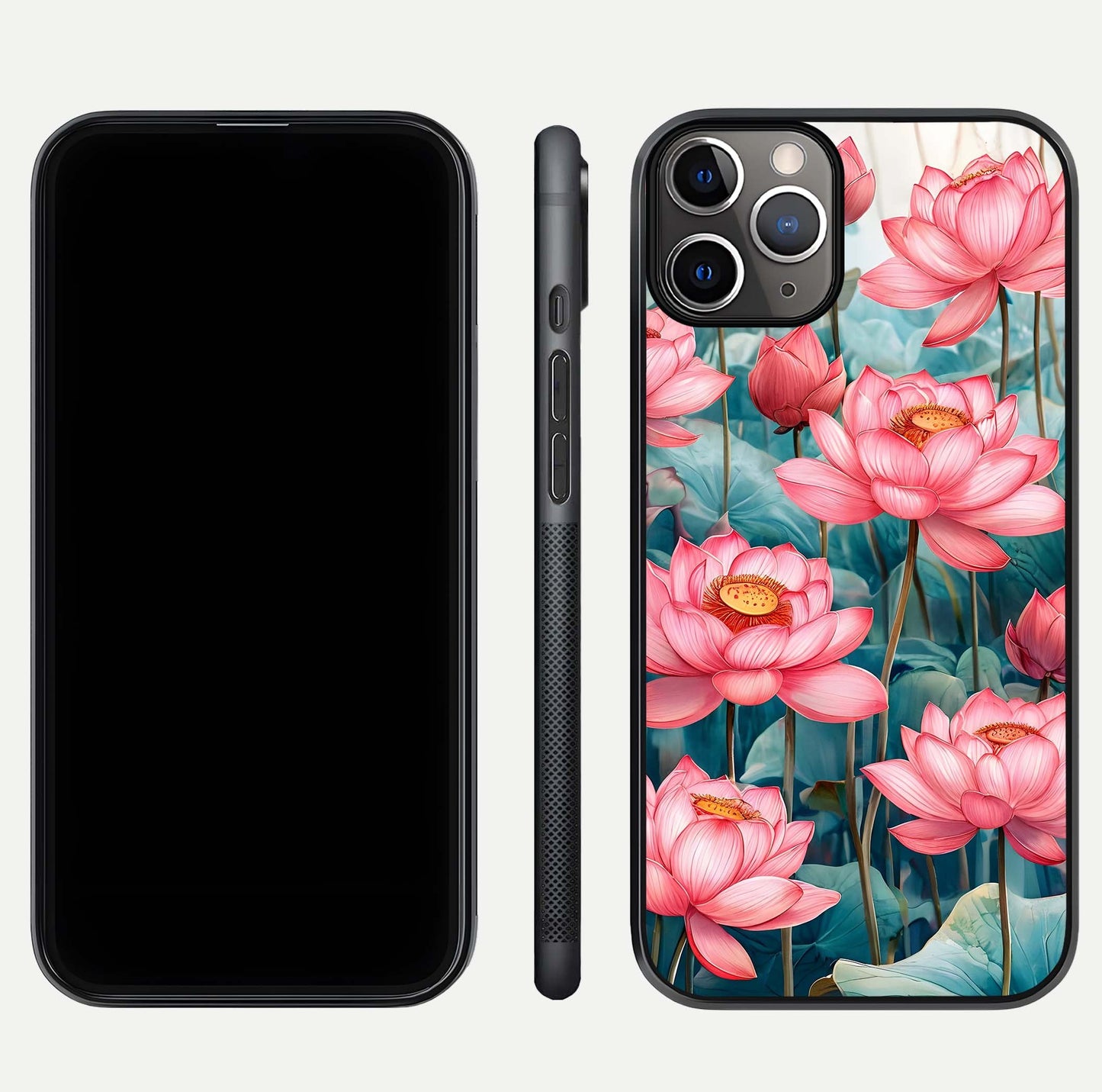 Celestial Pink Lotus Glass Case for iPhone 11 Pro Max close-up highlighting petal detail and HD glass reflection