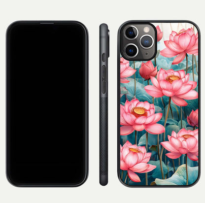 Celestial Pink Lotus Glass Case for iPhone 11 Pro Max close-up highlighting petal detail and HD glass reflection