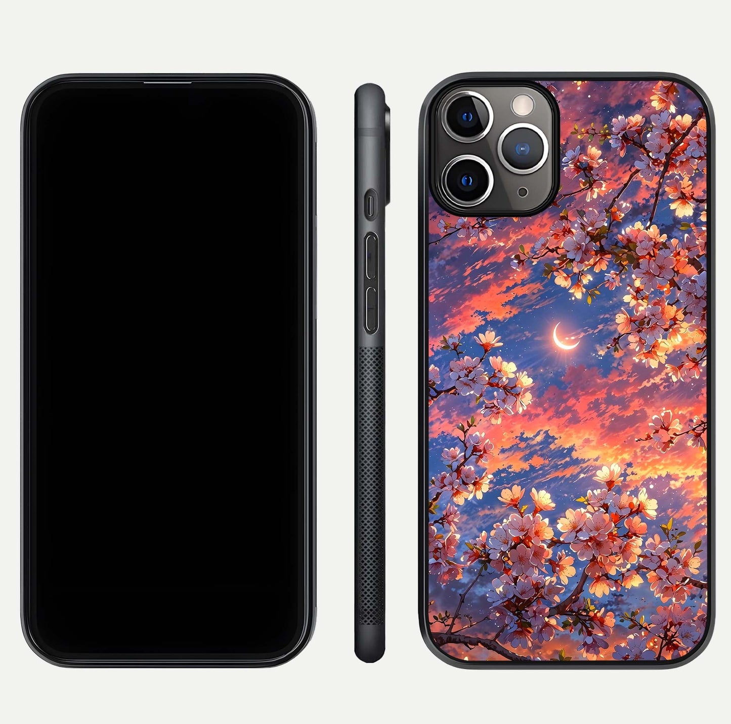 Celestial Sakura Sunset Glass Case for iPhone 11 Pro Max close-up image highlighting blossom petals and gloss shine