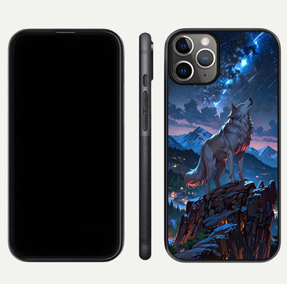 Celestial Wolf Howl Glass Case for iPhone 11 Pro Max close-up showing wolf silhouette and glowing moon reflection