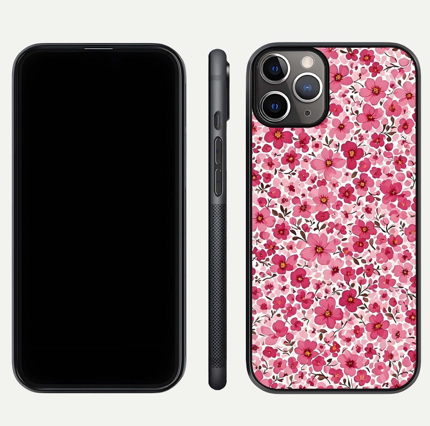 Cherry Blossom Charm Glass Case for iPhone 11 Pro Max close-up highlighting petal gradient and reflection shine
